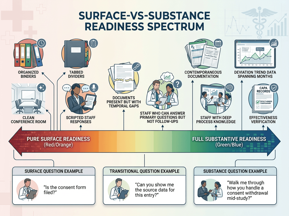 Infographic displaying a surface-to-substance readiness spectrum with indicators plotted from organized binders on the surface end to CAPA effectiveness records on the substance end, with mapped inspector questions showing increasing depth