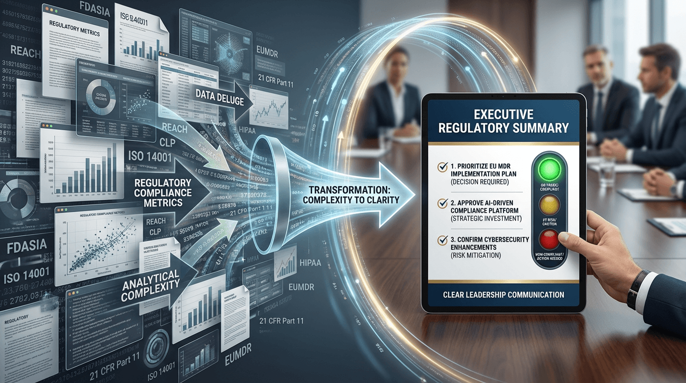 Conceptual illustration showing the transformation from a dense array of regulatory compliance data to a clean executive summary with clear decision items and status indicators