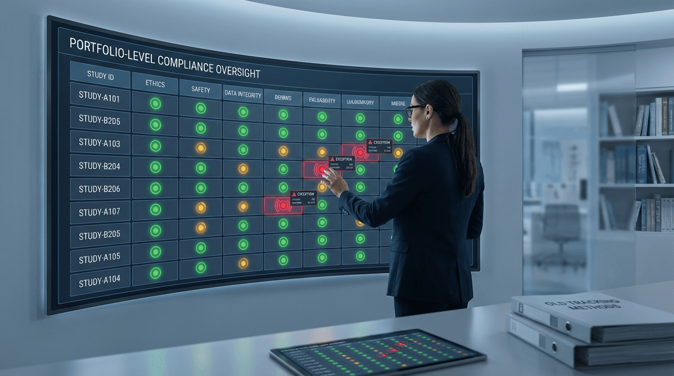 Conceptual illustration of a regulatory coordinator reviewing a portfolio compliance dashboard showing multiple clinical studies as rows and regulatory domains as columns, with traffic-light status indicators and exception flags highlighting compliance concerns that require immediate attention