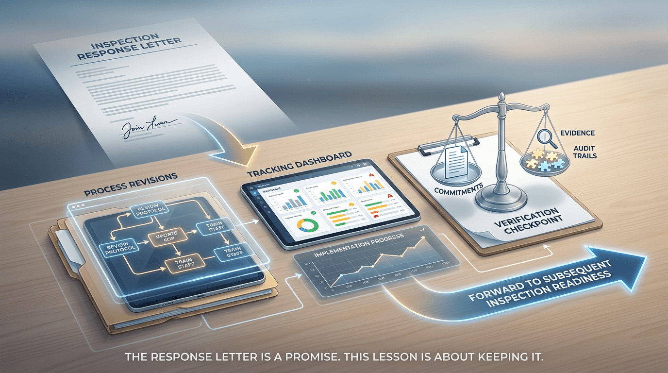 Conceptual illustration showing an inspection response letter fading into the background while concrete CAPA implementation actions, tracking dashboards, and verification checkpoints emerge in the foreground, conveying the transition from promise to follow-through