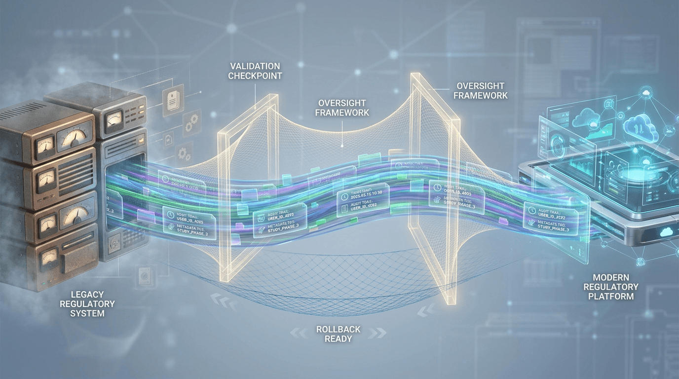 Conceptual illustration of a regulatory data migration depicted as a bridge between an old and new system, with integrity markers in transit and a safety net beneath