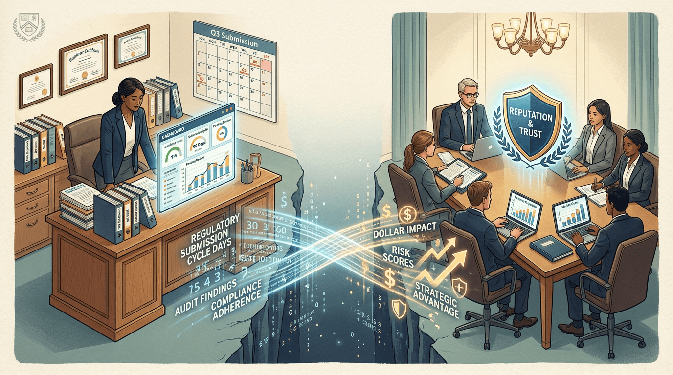 Conceptual illustration of regulatory operations metrics being translated into the language of institutional leadership, depicted as a luminous bridge between a compliance workspace and an executive boardroom