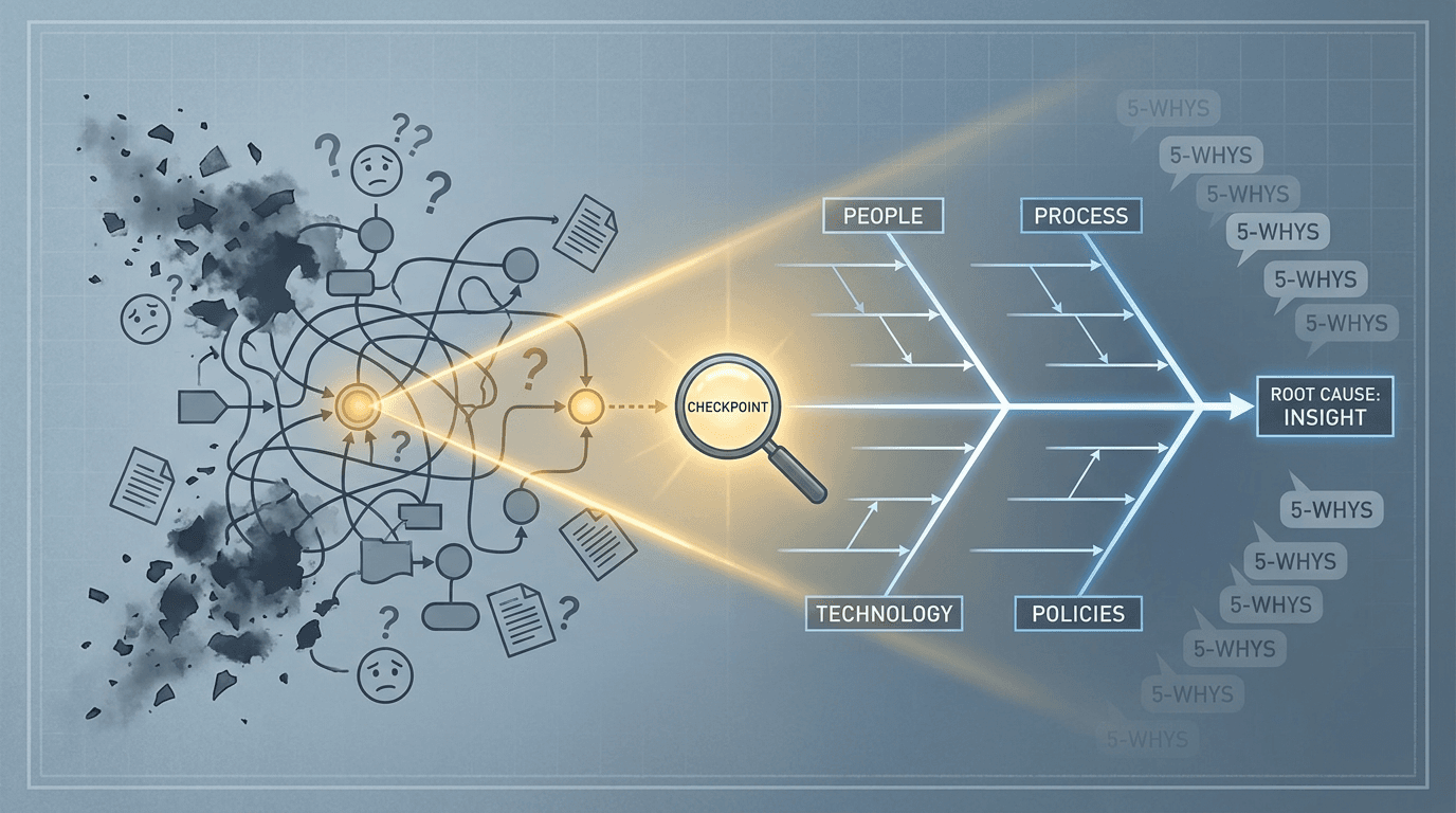 Conceptual illustration showing a tangled process diagram resolving into a structured root cause analysis, symbolizing the shift from complaint to diagnosis