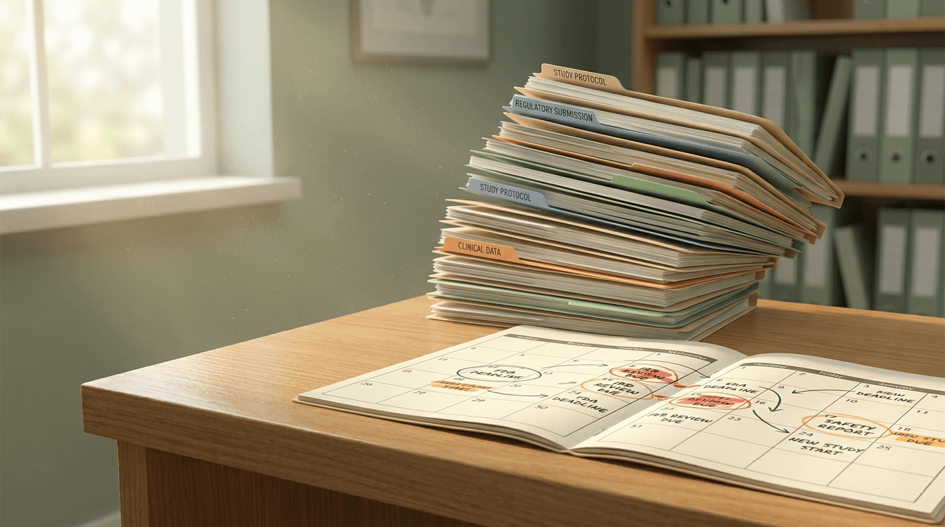 An illustration of a desk with a tall, leaning stack of color-tabbed regulatory folders beside a calendar covered in overlapping deadlines, suggesting a system stretched beyond its design capacity.