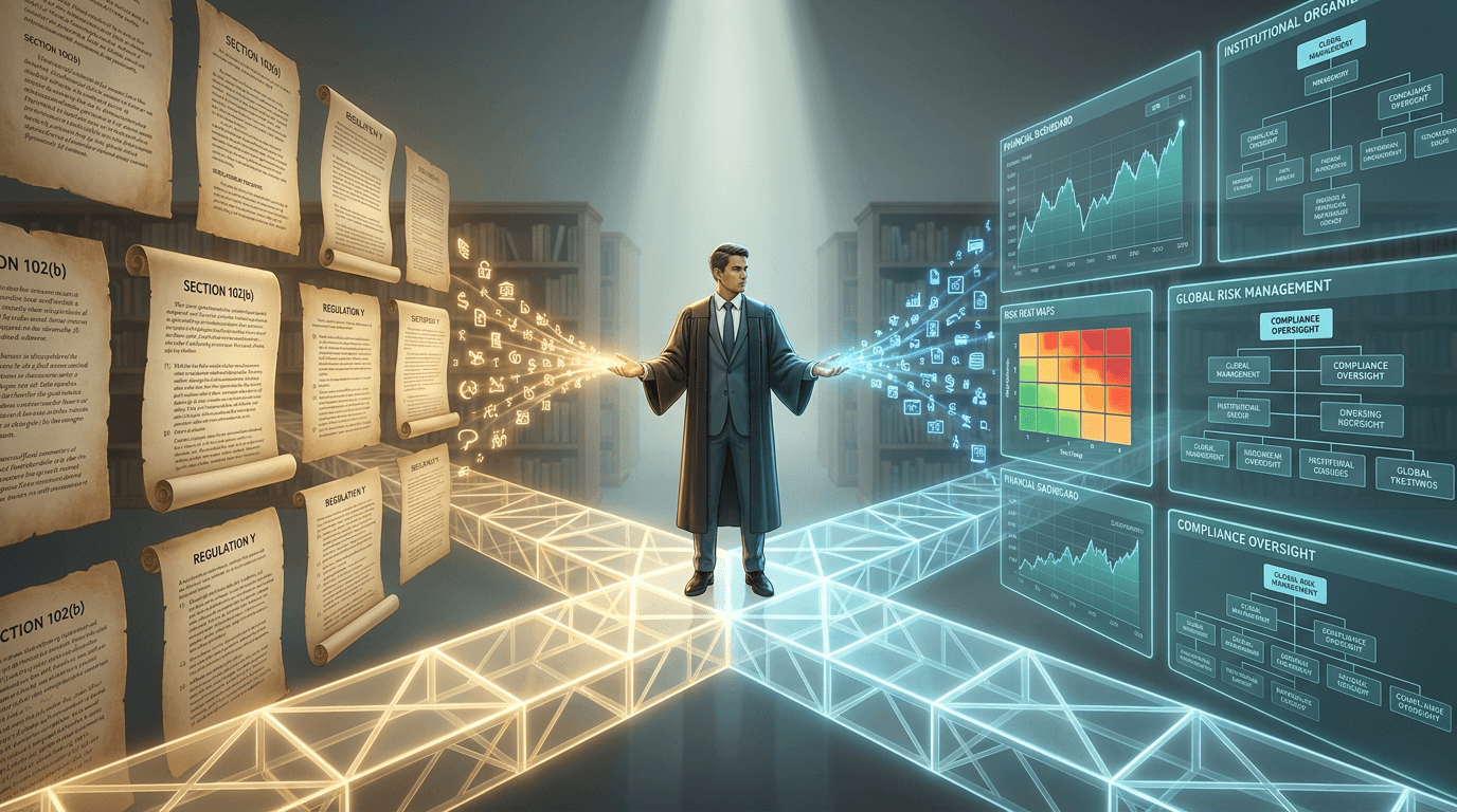 Illustration showing a regulatory coordinator translating between regulatory citation language and institutional business risk language at a conceptual interface