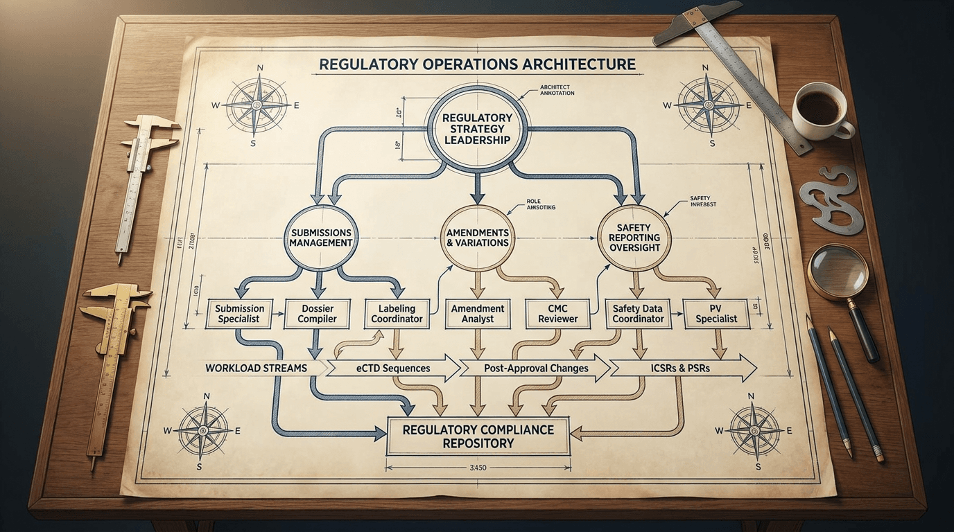 Conceptual illustration of a regulatory operations team structure shown as an architectural blueprint, with role nodes connected to workload streams and reporting lines drawn as intentional design decisions