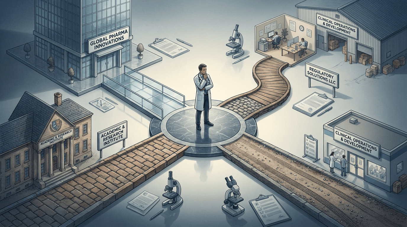 Illustration of a professional standing at a junction where four pathways diverge, representing distinct career progression options from the senior regulatory coordinator role.