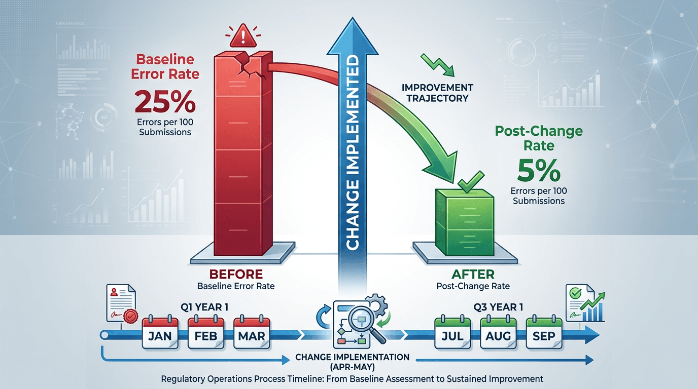 Conceptual illustration showing a before-and-after comparison of a regulatory operations metric, with a taller baseline bar reduced to a shorter post-change bar across an implementation timeline.