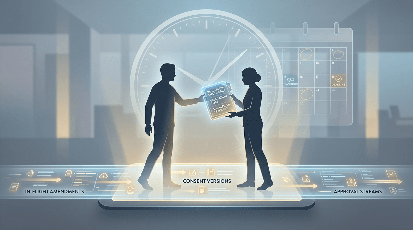 Conceptual illustration of a regulatory knowledge baton passing from a departing staff member to an incoming hire while the regulatory pipeline continues flowing beneath them