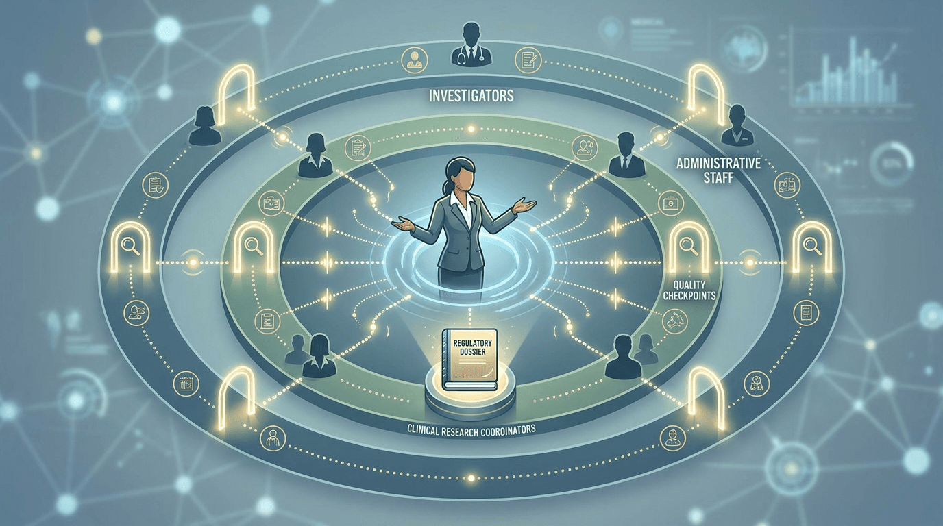 Illustration of a regulatory coordinator orchestrating a distributed virtual team connected by dotted coordination lines, with quality checkpoint gates separating distributed work from a central regulatory dossier