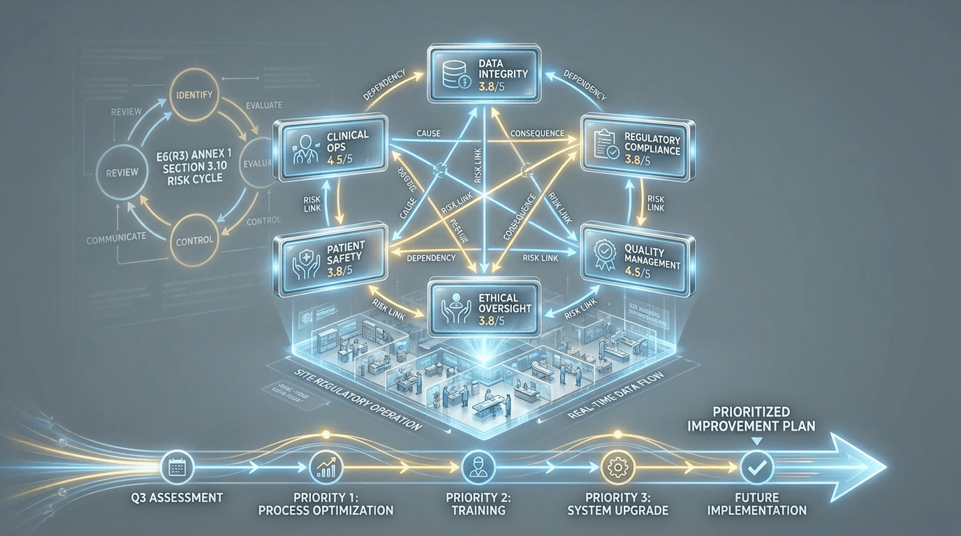 Six domain rating panels in a hexagonal constellation connected by interdependency lines, resolving into a sequenced improvement plan timeline below — a conceptual image of integrative capstone synthesis