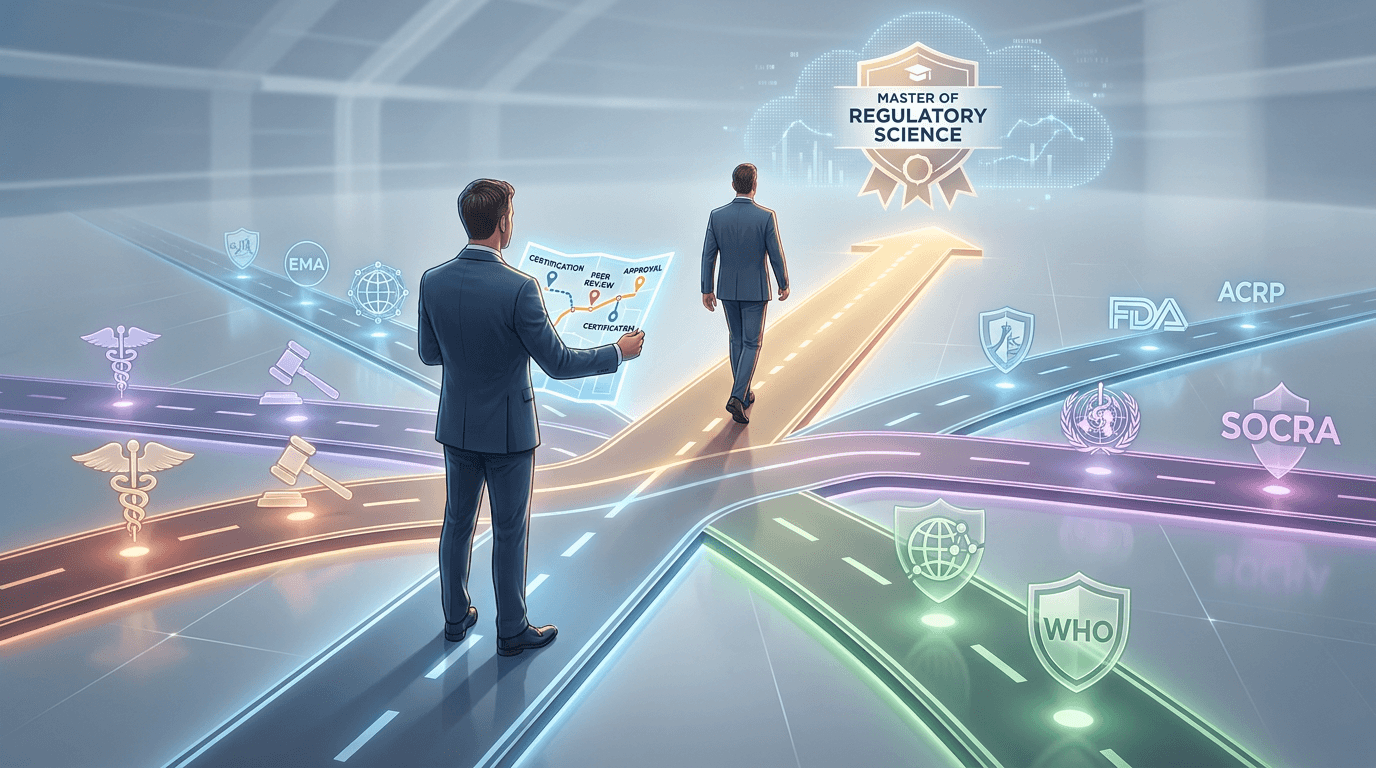 Conceptual illustration of a regulatory professional choosing among glowing career pathways with credential symbols, holding a roadmap with marked milestones