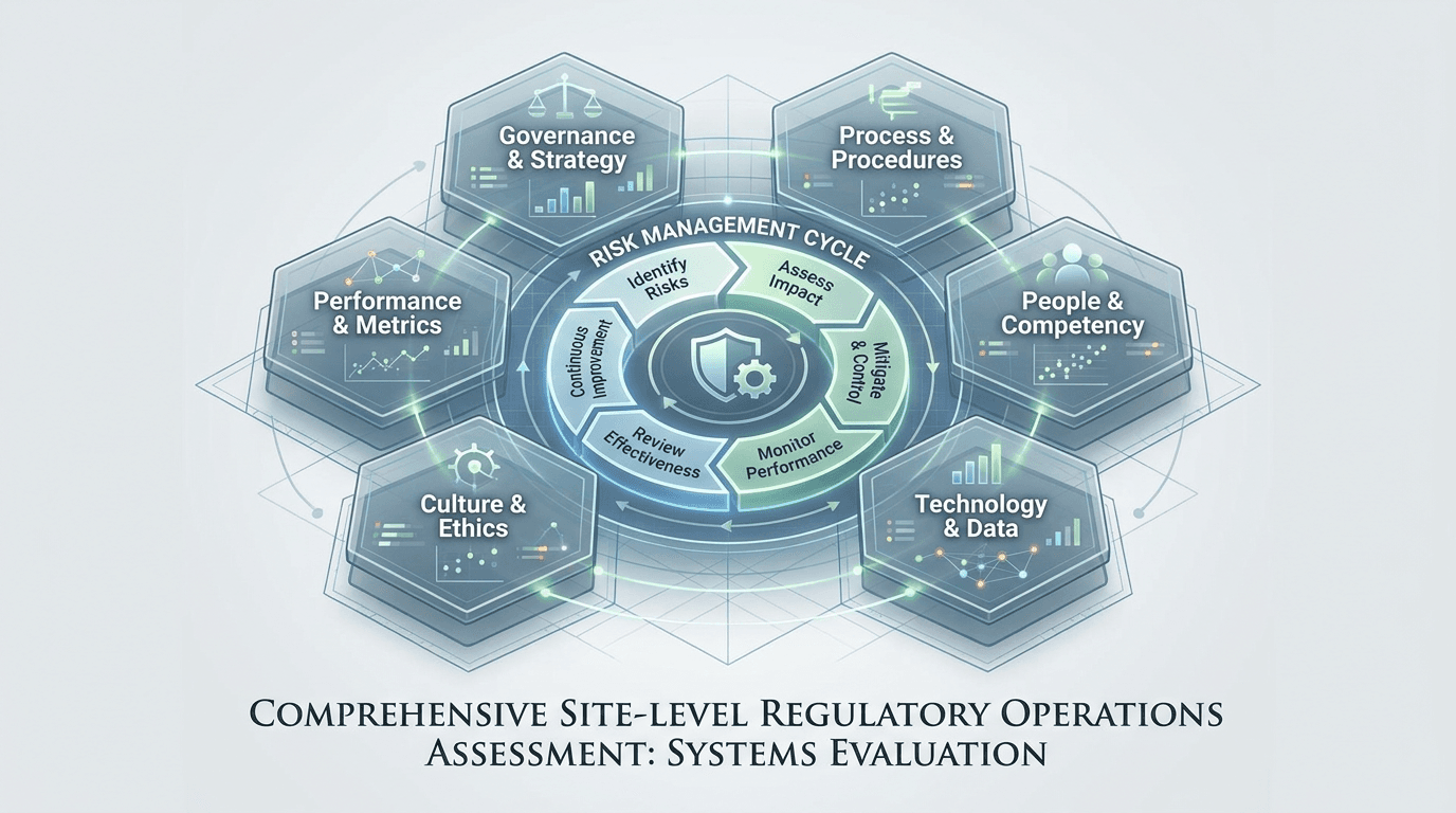 Six interlocking hexagonal panels arranged around a central six-stage risk management cycle, depicting a comprehensive site-level regulatory operations assessment framework