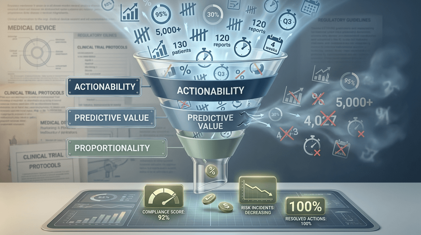 Conceptual illustration of a funnel-shaped filter for regulatory operations metrics, with three labeled bands for actionability, predictive value, and proportionality, separating a few useful indicators from a larger stream of discarded measures.