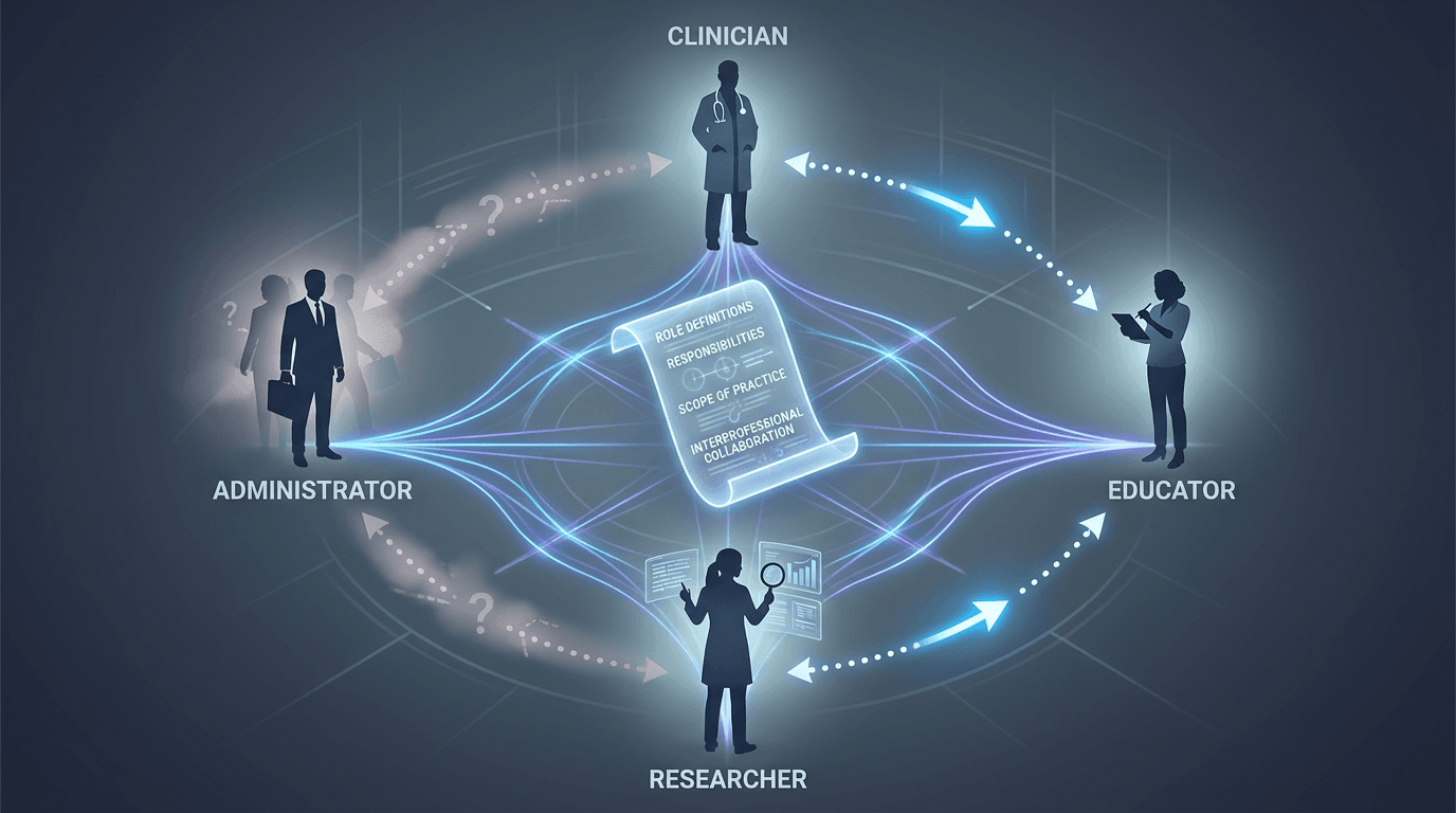 Four silhouetted figures connected by glowing handoff arrows to a central role-definition document, with some boundary lines clear and others fading into ambiguity.
