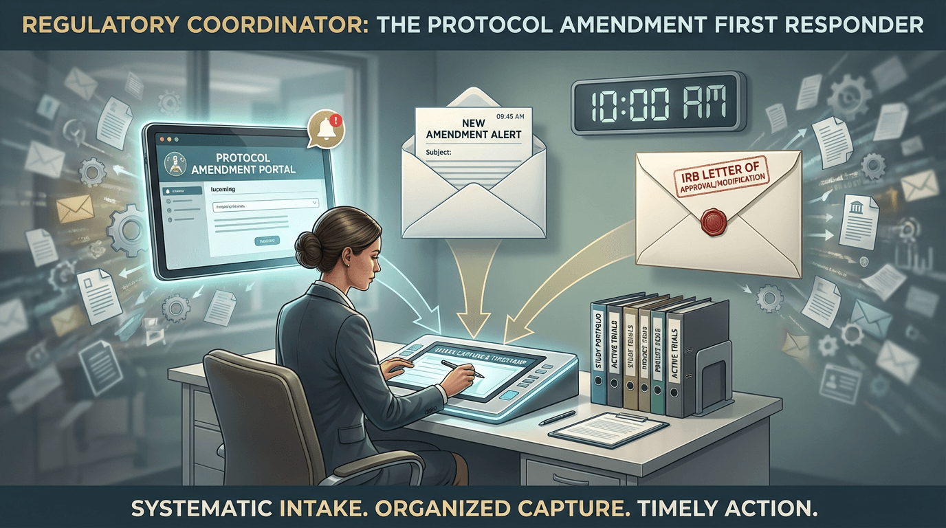 Conceptual illustration showing three amendment communication channels -- sponsor portal, email, and IRB notification -- converging toward a regulatory coordinator's centralized intake system