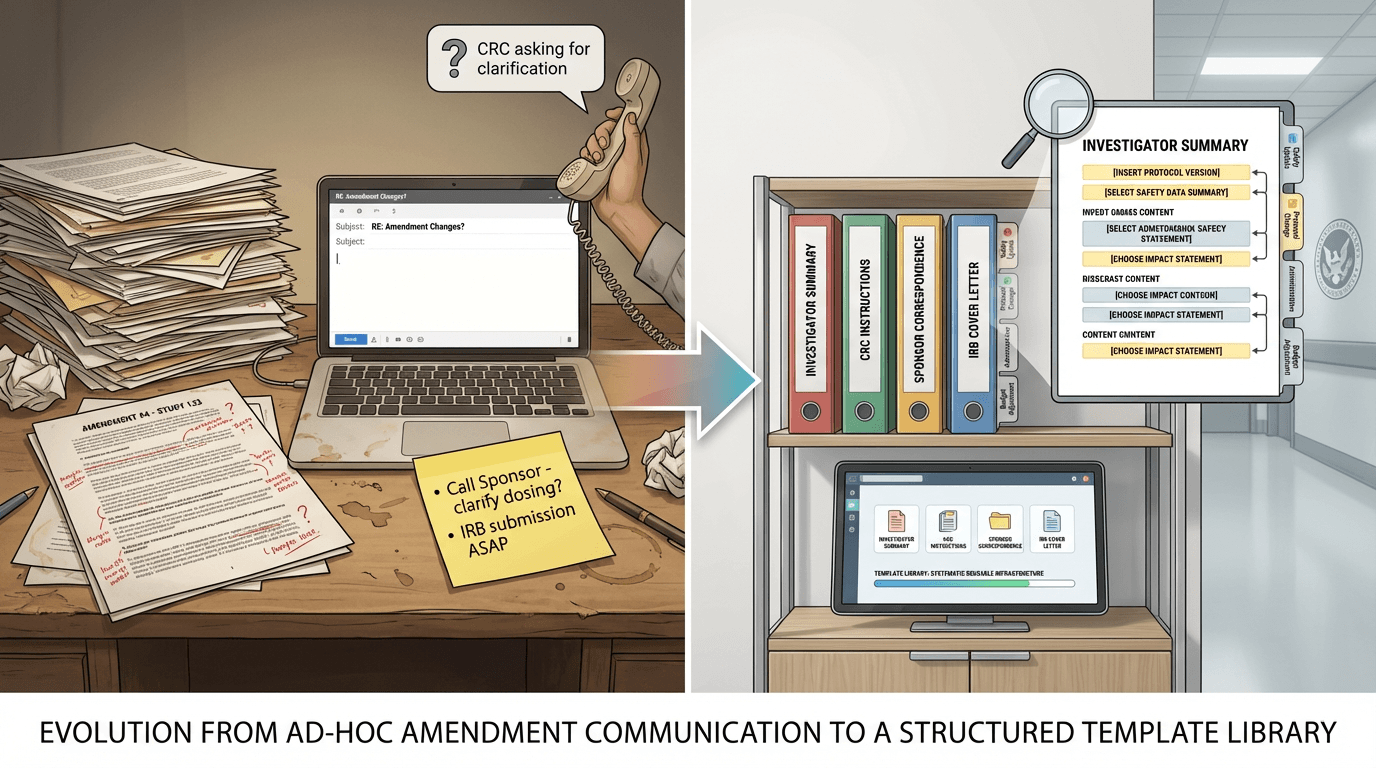 Conceptual illustration contrasting ad-hoc amendment communication -- a cluttered desk with fragmented emails, handwritten notes, and a confused CRC -- with a structured template library of four organized categories, each with modular adaptation points for different amendment types and urgency levels