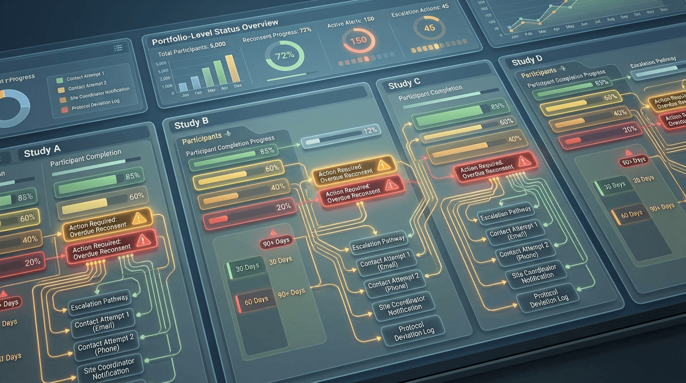 Conceptual illustration of a portfolio-level reconsent tracking dashboard showing multiple studies with participant completion bars, color-coded escalation alerts for overdue reconsents, and branching escalation pathways for difficult-to-reach participants