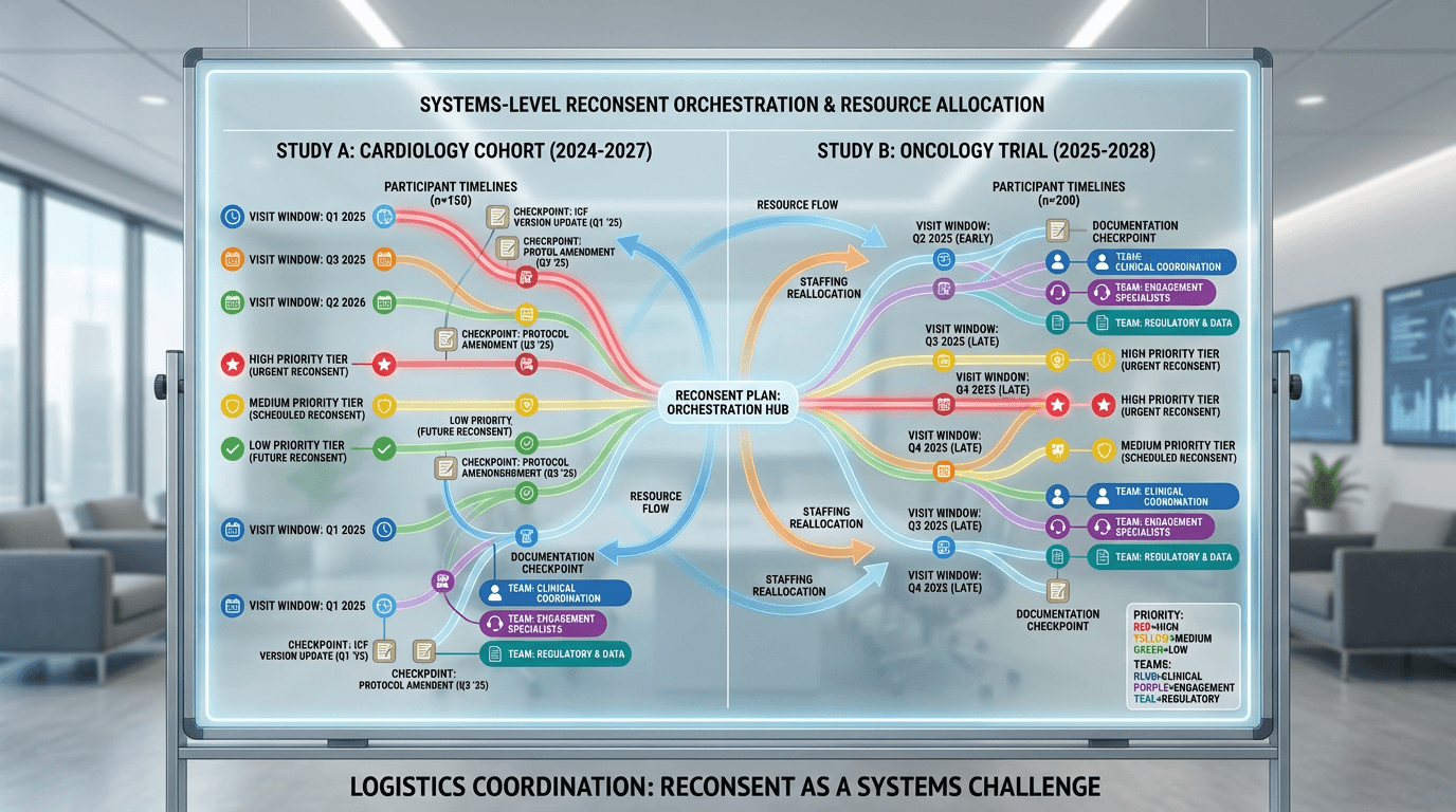 Conceptual illustration of a reconsent planning board showing two simultaneous studies with participant timelines, priority tiers, team assignments, and documentation checkpoints, emphasizing the coordination challenge of portfolio-level reconsent management