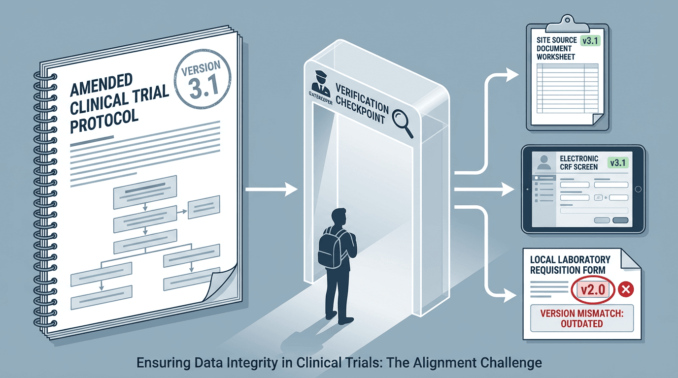 Conceptual illustration showing an amended protocol on the left connected to three data collection instruments on the right -- a source document, an electronic CRF, and a laboratory requisition -- with a verification checkpoint gate between them and one instrument highlighted in red to show a version mismatch