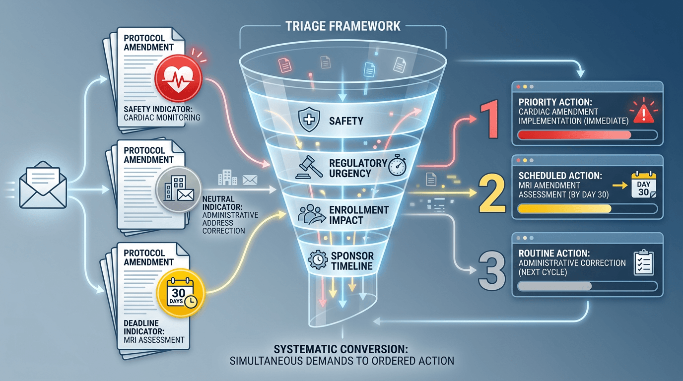 Conceptual illustration of three protocol amendments entering a triage framework that evaluates safety impact, regulatory urgency, enrollment impact, and sponsor timeline, producing a prioritized implementation sequence