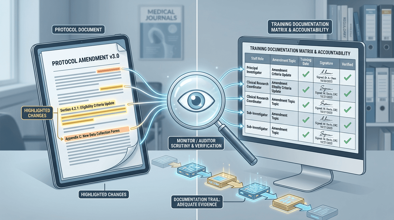 Conceptual illustration showing a protocol amendment connected to a training documentation matrix with staff roles, specific amendment changes, and completion evidence, with a magnifying glass representing monitor and auditor scrutiny of the training records