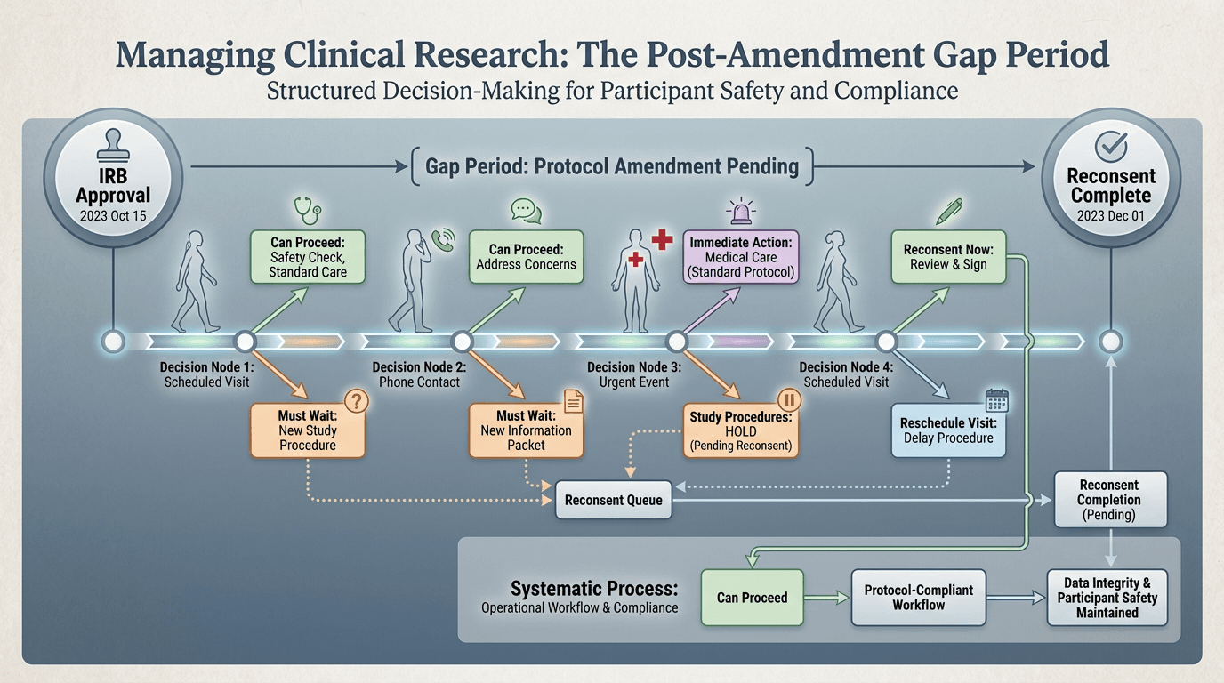 Conceptual illustration showing a timeline between IRB amendment approval and reconsent completion, with participant arrivals at various points triggering branching decision pathways for determining which study activities may proceed