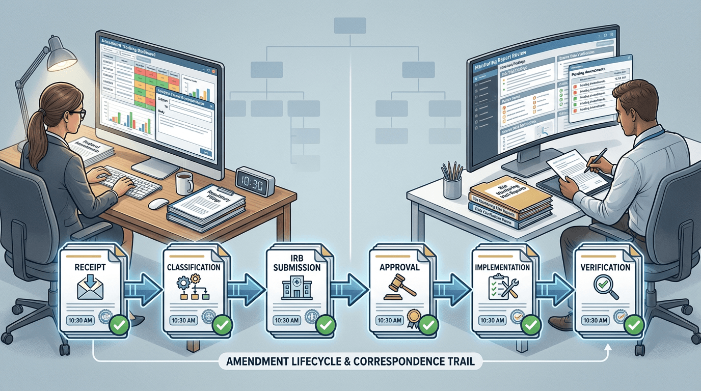 Conceptual illustration showing the correspondence flow between a site regulatory coordinator and a CRA, with six document icons representing the amendment lifecycle stages -- receipt, classification, IRB submission, approval, implementation, and verification -- each with timestamps and confirmation marks forming an auditable communication trail