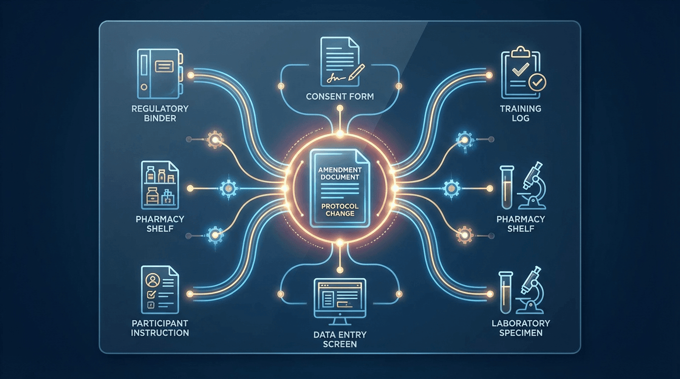 Conceptual illustration of a protocol amendment at the center radiating cascade paths outward to seven operational domains including regulatory, consent, training, pharmacy, laboratory, data management, and participant communications, with glowing nodes where interdependencies connect the paths