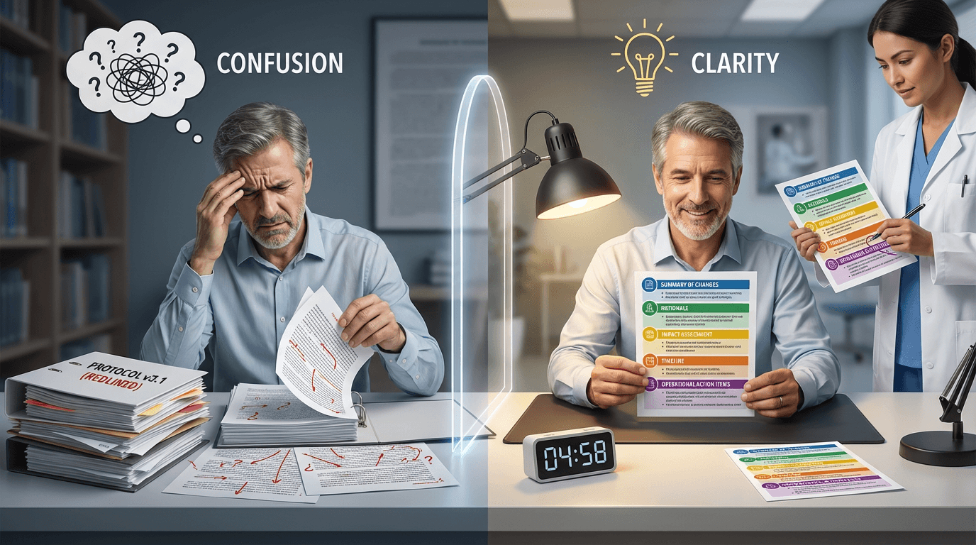 Conceptual illustration contrasting an ineffective amendment summary -- a dense multi-page document causing investigator frustration -- with an effective one-page summary structured in five clear sections, reviewable in under five minutes, with a CRC already identifying action items from the same document