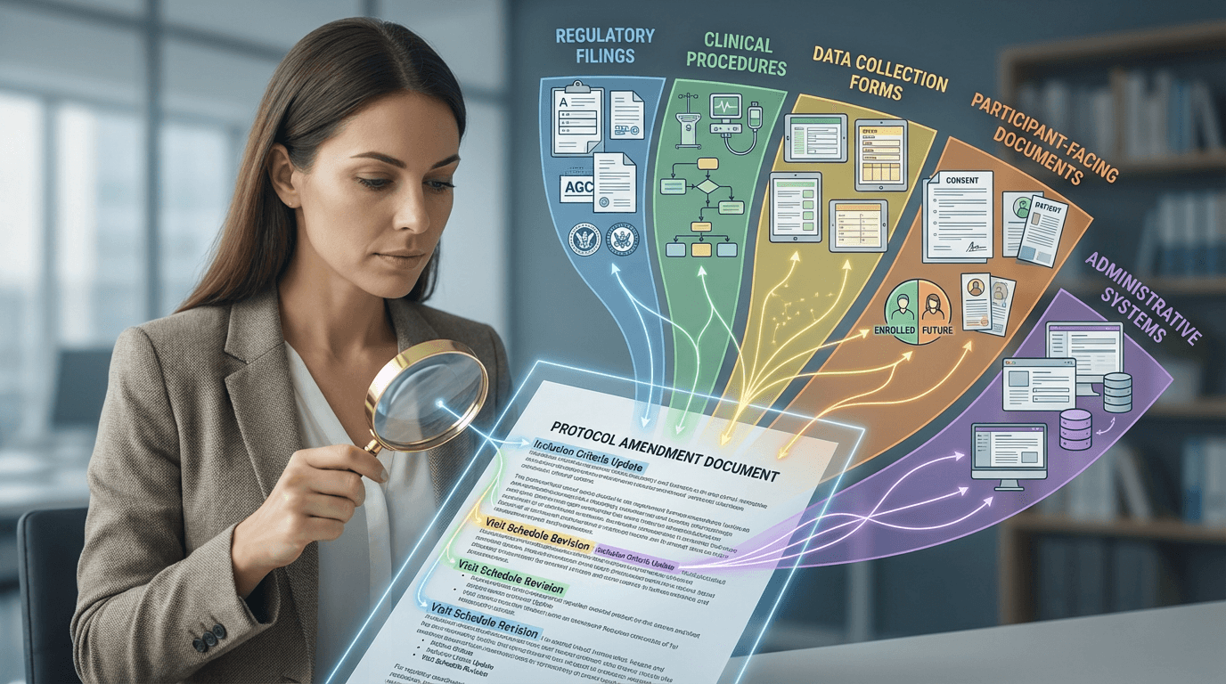 Conceptual illustration of a protocol amendment document with five branching pathways representing the operational domains affected by the changes: regulatory, clinical, data collection, participant-facing, and administrative