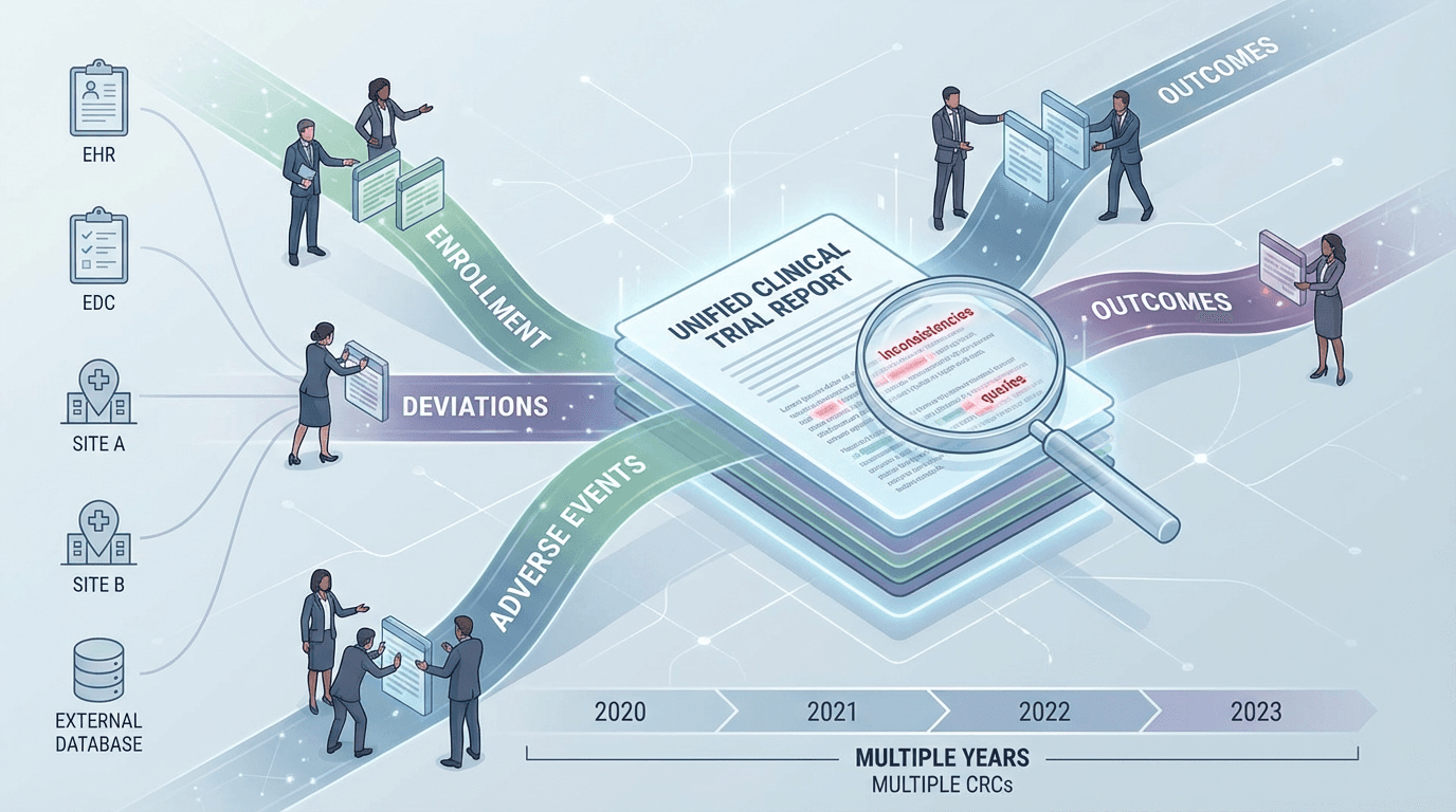 Conceptual illustration of enrollment, deviation, adverse event, and outcome data streams converging from multiple sources and coordinators into a unified final study report, with a quality review lens identifying inconsistencies