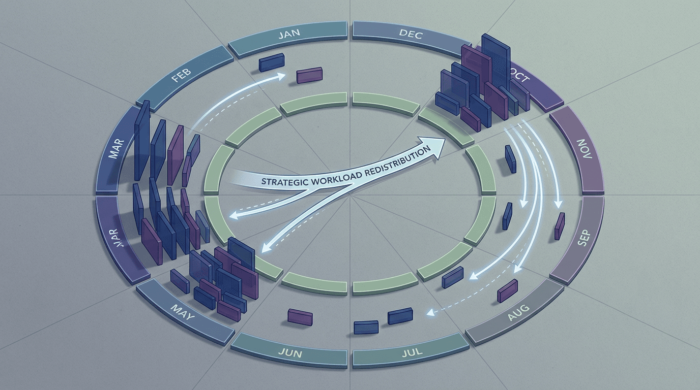 Conceptual illustration of a 12-month calendar showing continuing review deadlines being redistributed from congested months to lighter periods through strategic staggering