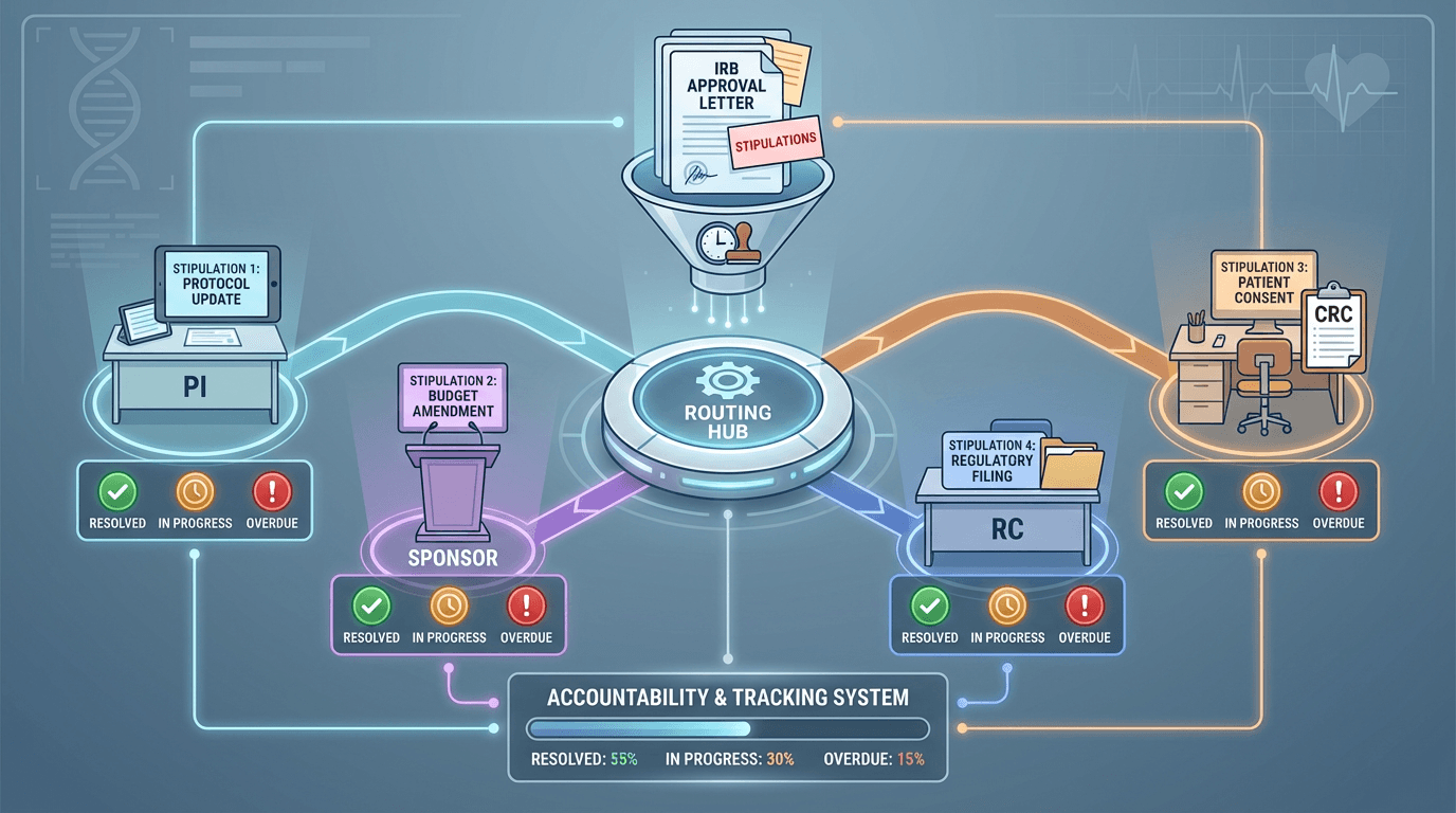 Conceptual illustration of a routing system distributing post-approval IRB stipulations to responsible parties with color-coded status indicators for tracking to closure