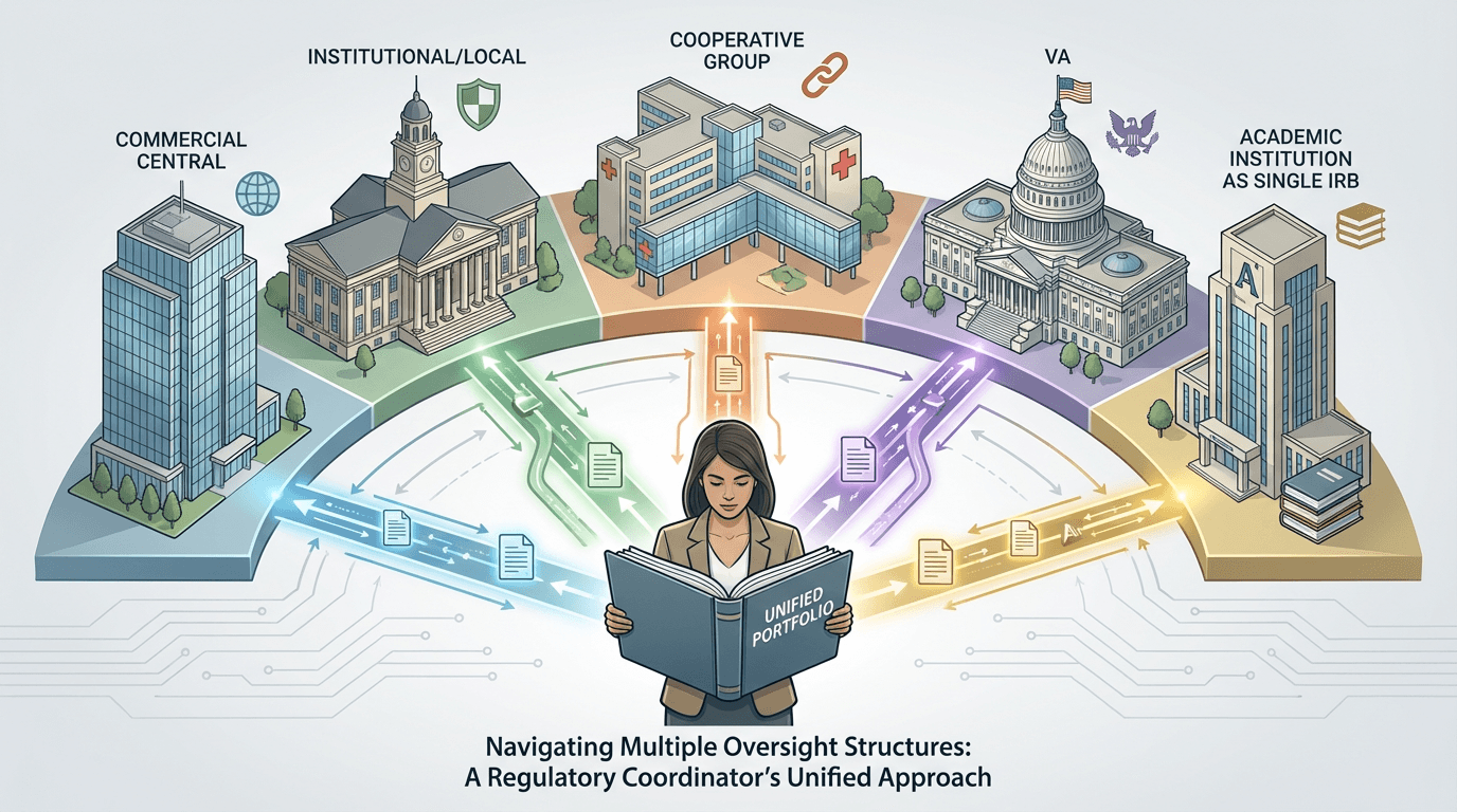 Conceptual illustration of a regulatory coordinator standing at the center of five architecturally distinct buildings representing the five major IRB models, with color-coded submission pathways connecting the coordinator to each