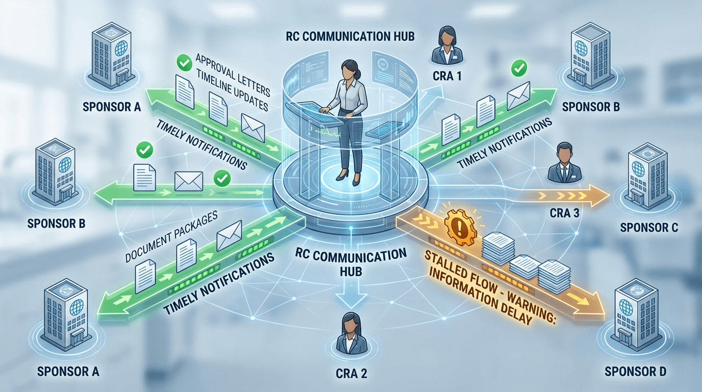 Conceptual illustration of a regulatory coordinator at a communication hub routing approval letters and regulatory updates through organized channels to multiple sponsors and CRAs, with status indicators showing communication flow health