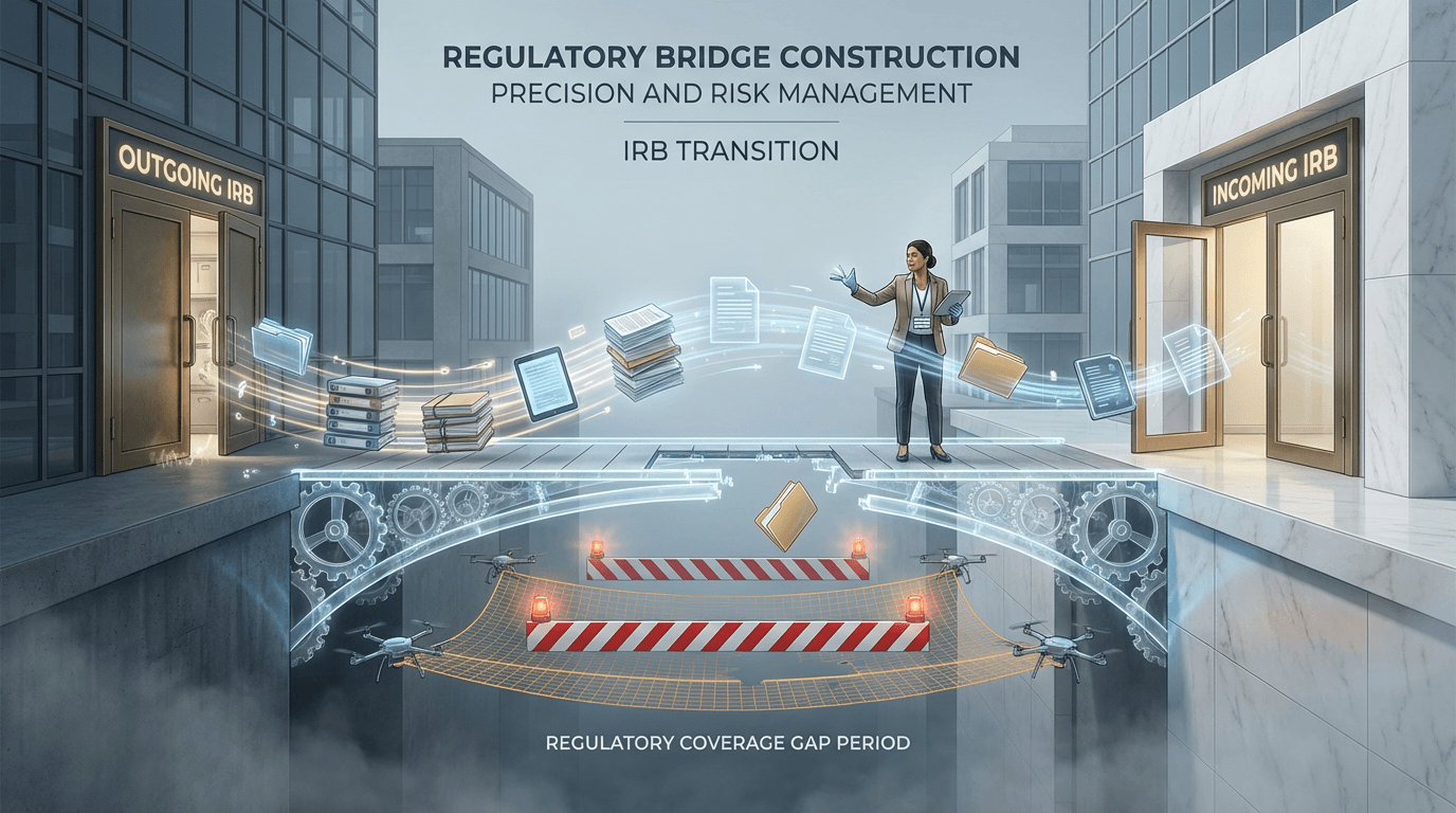 Conceptual illustration of a regulatory bridge between an outgoing IRB and incoming IRB, with a regulatory coordinator directing document flow across the bridge while safety measures address the gap below