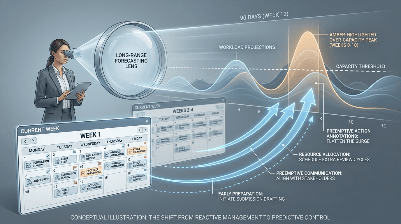 Conceptual illustration of a regulatory coordinator using a 90-day forecast to identify a future over-capacity peak and annotating preemptive actions from the current week to flatten the projected surge