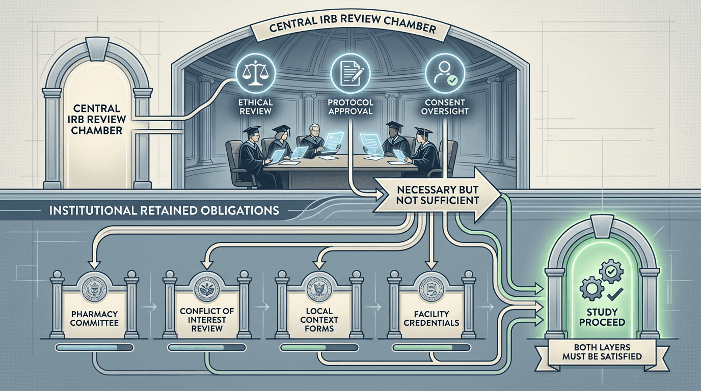 Conceptual illustration of the two-layer regulatory architecture under a reliance agreement, with central IRB ethical review above and retained institutional obligations below, both required before a study can proceed