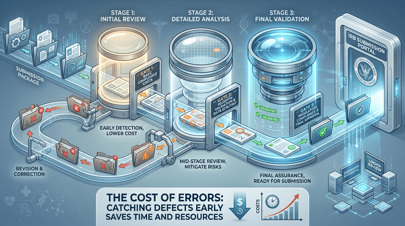 Conceptual illustration of a three-stage quality control process with checkpoint gates at pre-assembly, pre-submission, and post-submission stages, showing defective submissions being caught and returned before reaching the IRB