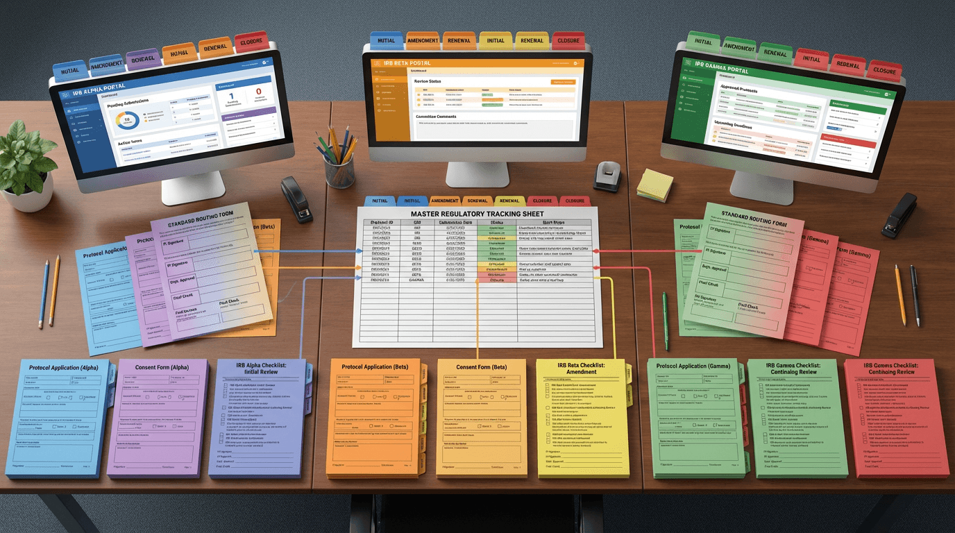 Overhead view of a regulatory coordinator's desk showing three distinct IRB workspaces with different portals and forms, unified by a central organizational system with color-coded tracking