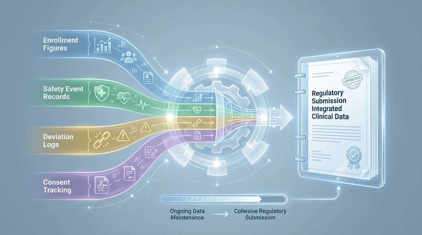 Conceptual illustration of four clinical data streams -- enrollment, safety events, deviations, and consent tracking -- converging into a structured continuing review package