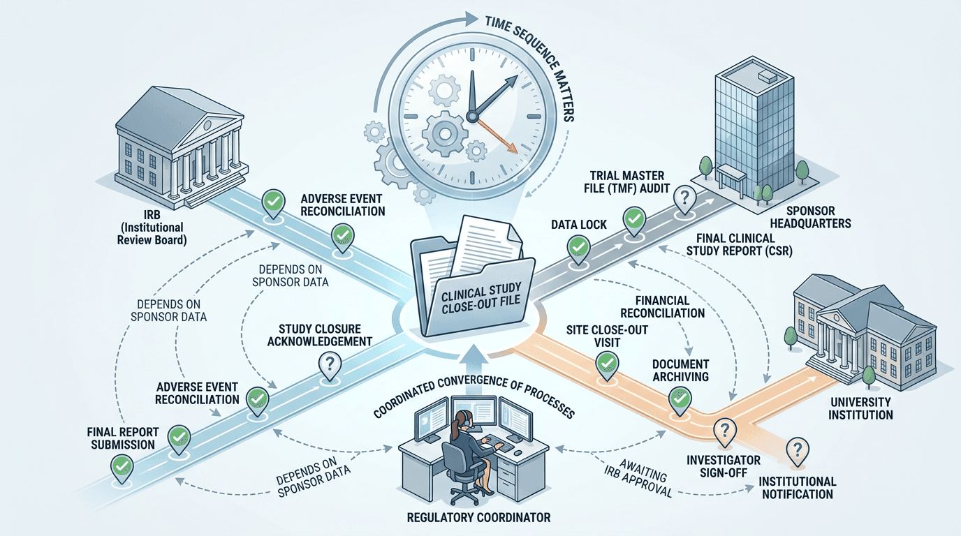 Conceptual illustration of three regulatory close-out pathways diverging from a study file toward the IRB, sponsor, and institution, with checkpoint markers and a clock emphasizing sequencing dependencies
