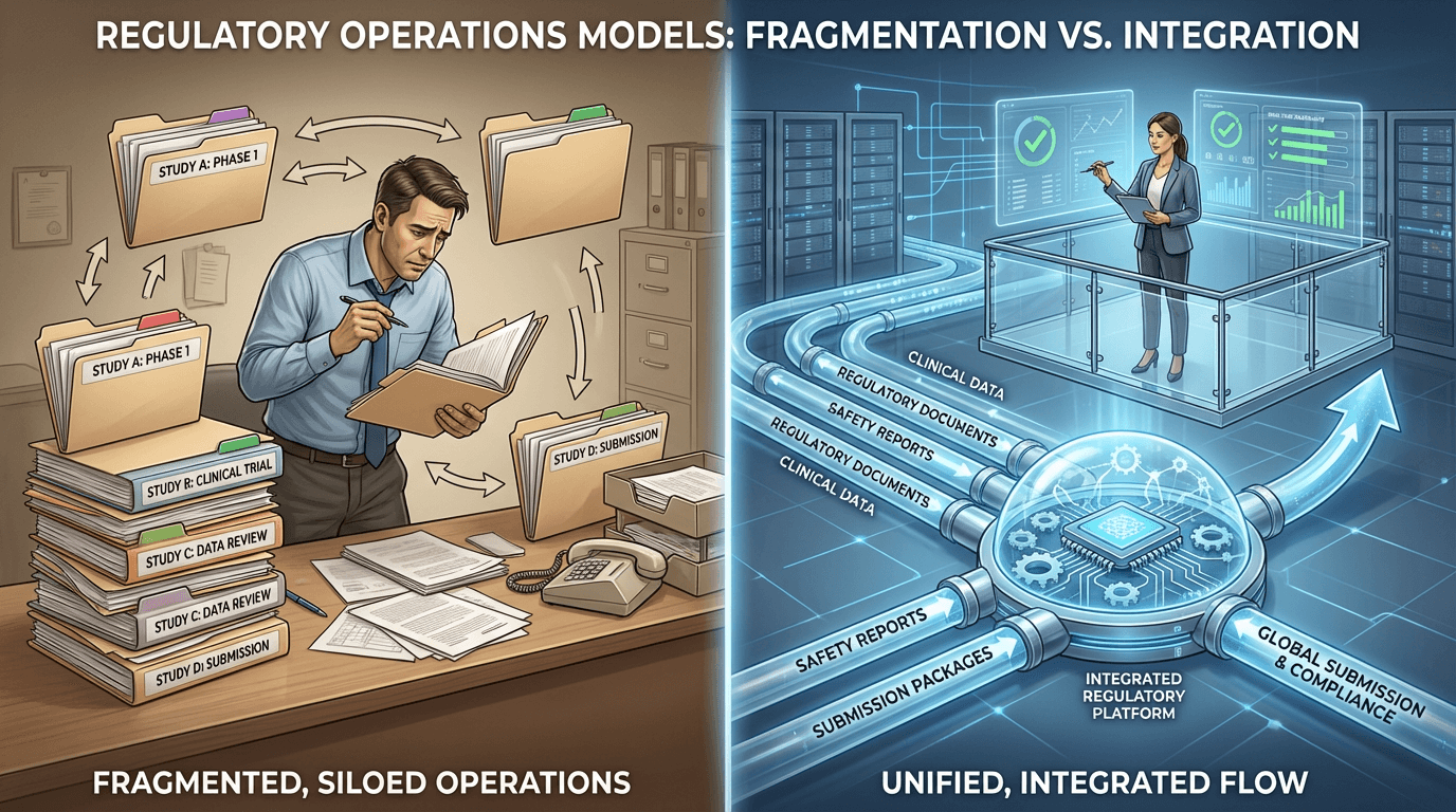 Conceptual illustration contrasting isolated per-study submission management on the left with an integrated portfolio-level submission pipeline on the right, showing a coordinator overseeing the unified system