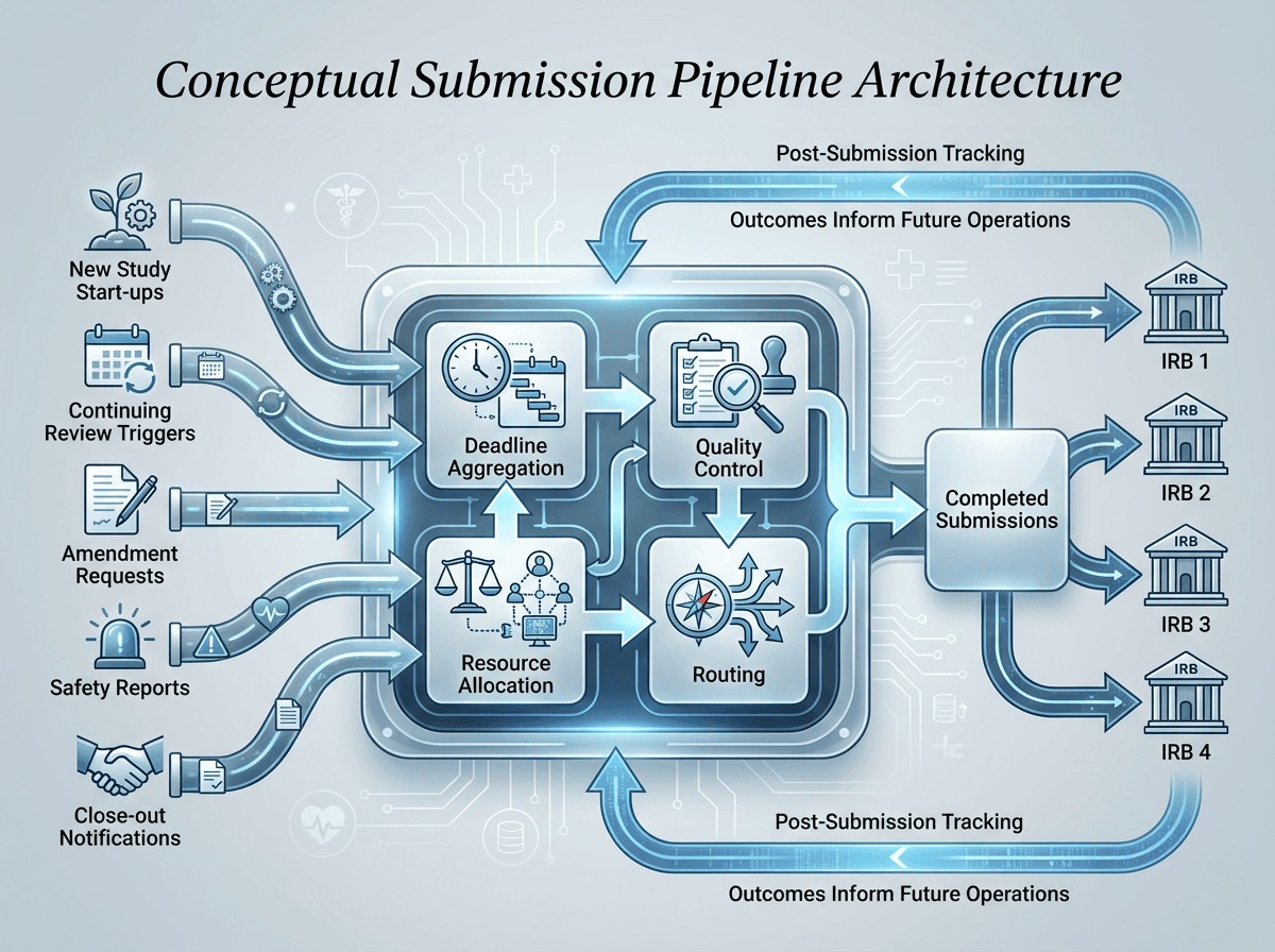 Pipeline architecture diagram showing five input types flowing through a central processing layer with deadline aggregation, resource allocation, quality control, and routing components, then out to multiple IRBs, with a feedback loop from post-submission tracking