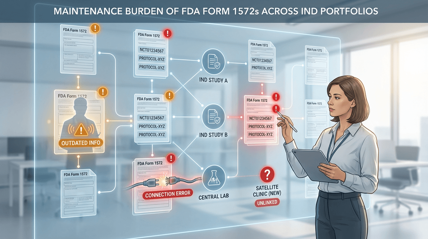 Conceptual illustration of a regulatory coordinator reviewing a wall of interconnected FDA Form 1572 documents with status indicators showing outdated information across multiple clinical trials