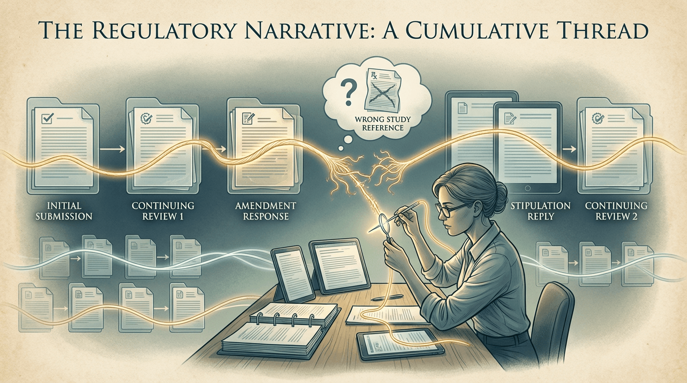 Conceptual illustration of a regulatory coordinator maintaining a continuous narrative thread that weaves through sequential IRB submissions, with a frayed section representing a narrative discontinuity being repaired