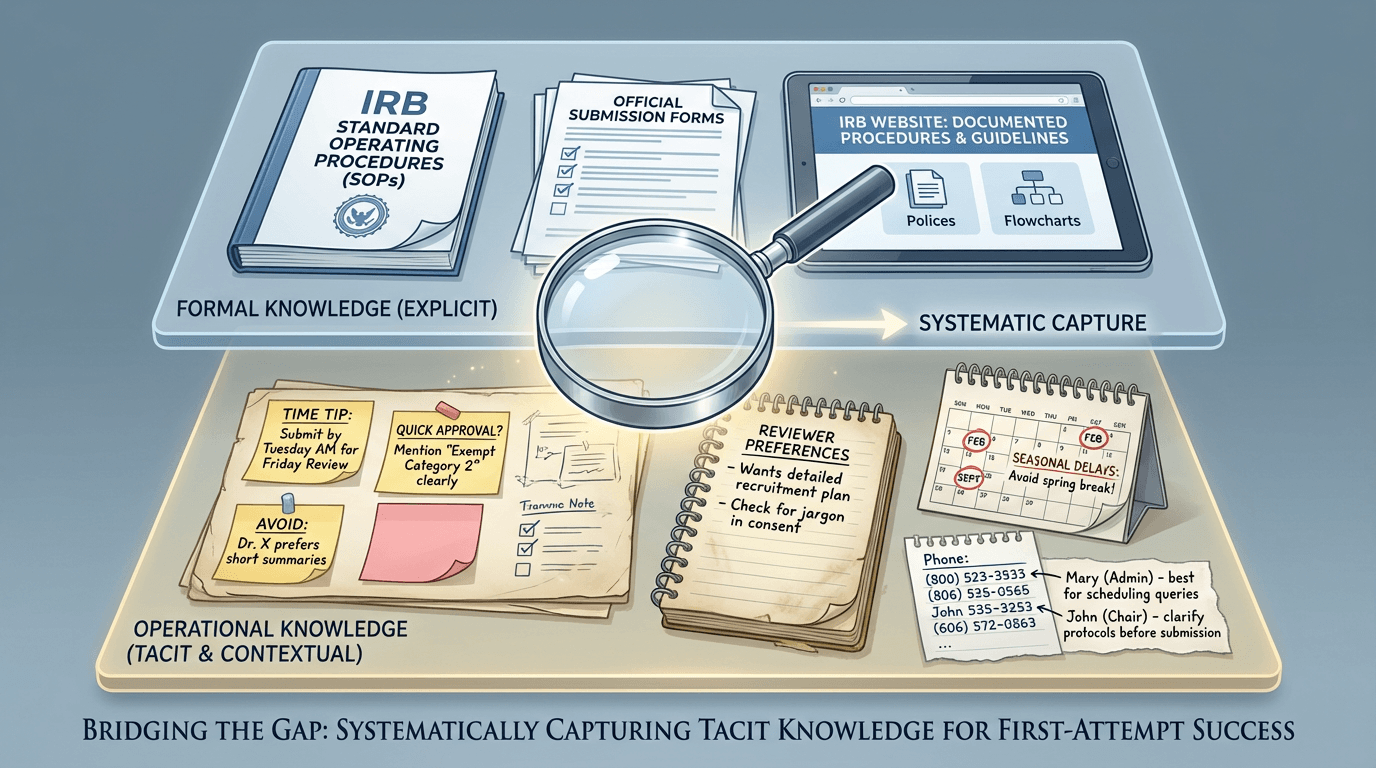 Conceptual illustration of two layers of IRB knowledge: a formal layer of published procedures above, and a translucent operational knowledge layer of timing tips, reviewer preferences, and unwritten rules below, connected by a magnifying glass