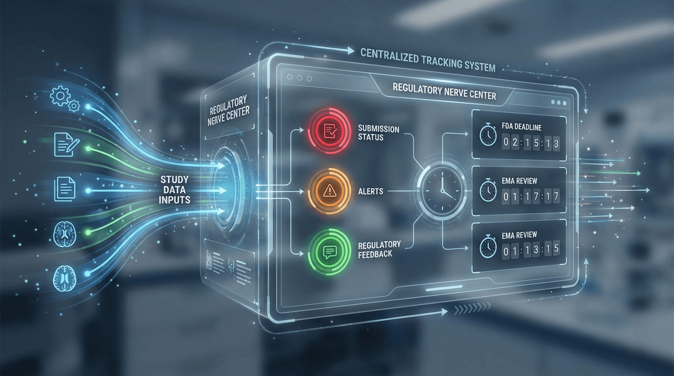 Conceptual illustration of a submission tracking system as a dynamic operational dashboard, with study data flowing in and status indicators, alerts, and deadline countdowns displayed across the interface
