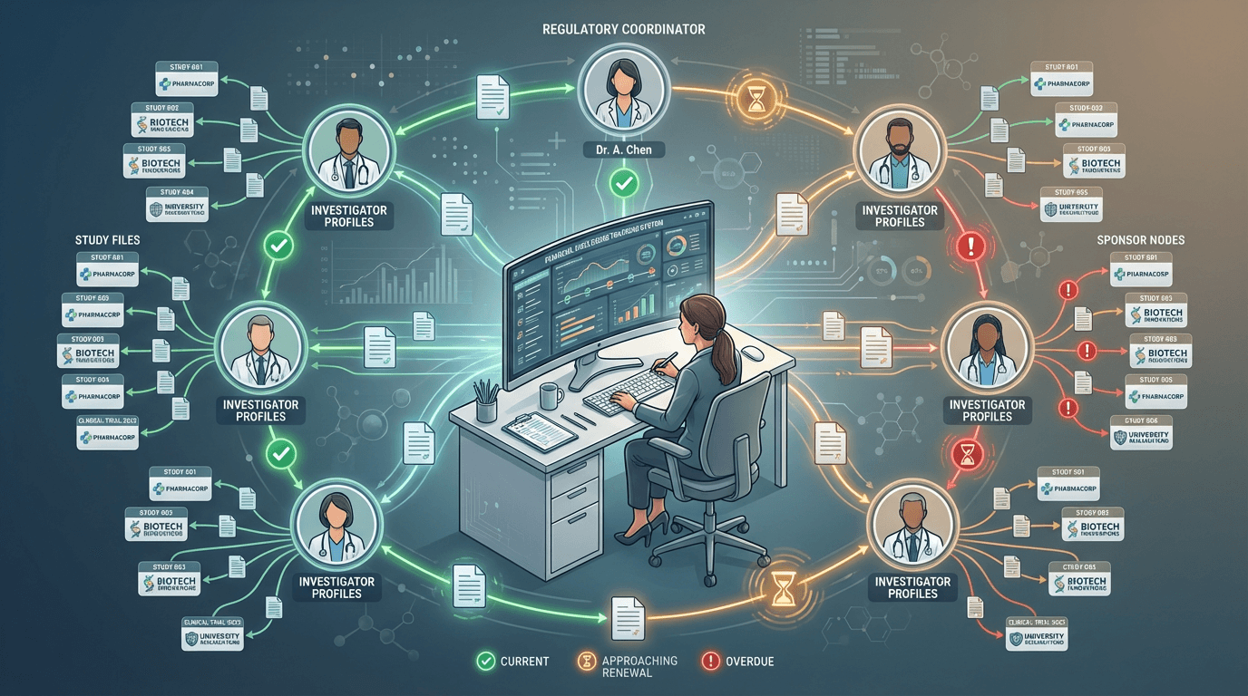 Conceptual illustration of a regulatory coordinator managing a financial disclosure tracking system with investigator profiles, sponsor connections, and color-coded status indicators showing current, approaching, and overdue disclosure statuses